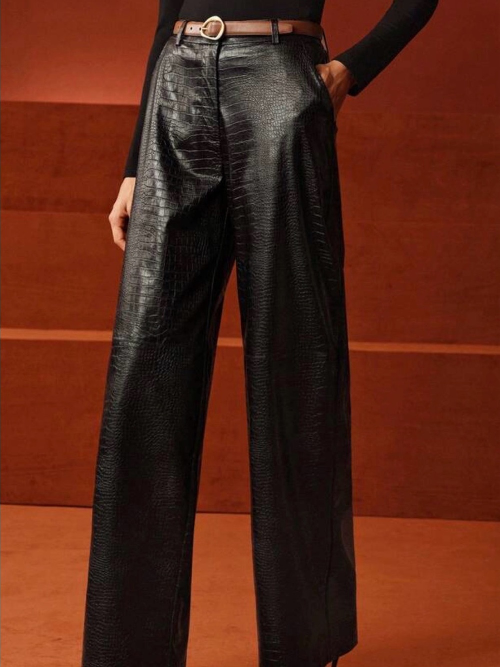 Micas Faux Croc Leather Wide-Leg Pants - Black